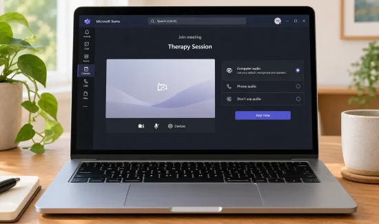 Online Therapy Workspace Laptop displaying an online therapy platform on a desk